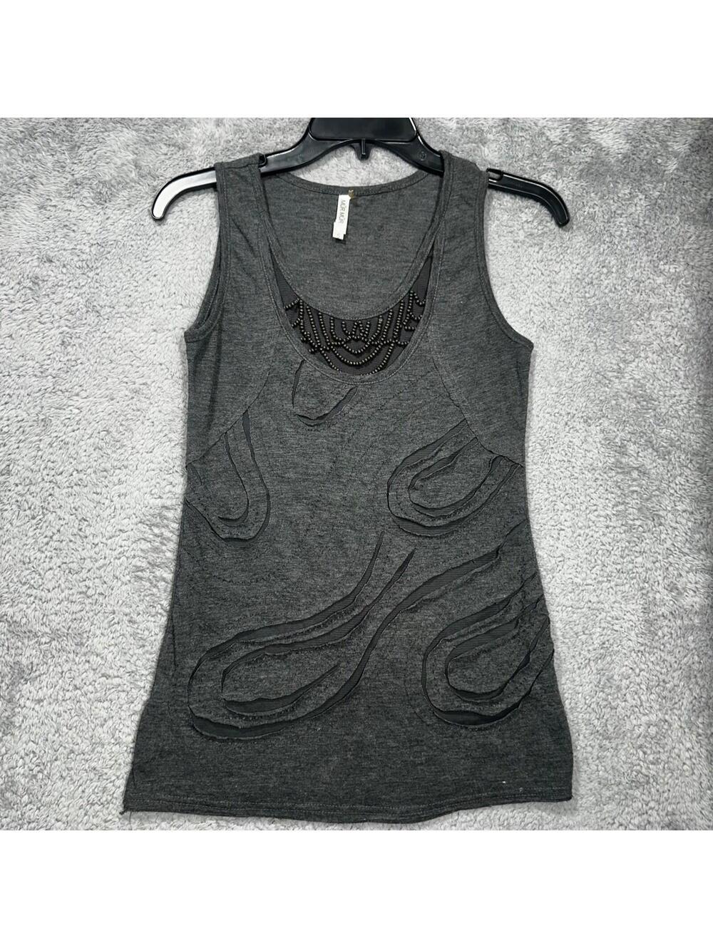 Mur Mur Tank Top Womens Small Gray Beaded Neckline Abstract Applique Sleeveless